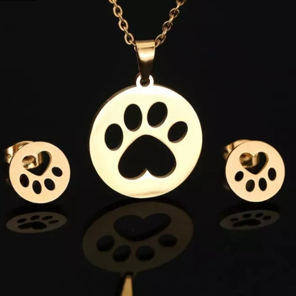 NEW Gold Stainless Steel Dog Cat Paws Necklace Set